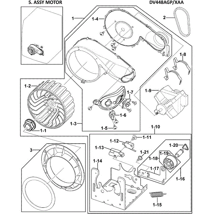 Motor Assembly Diagram and Parts List for DV448AGP XAA-00 Samsung Dryer
