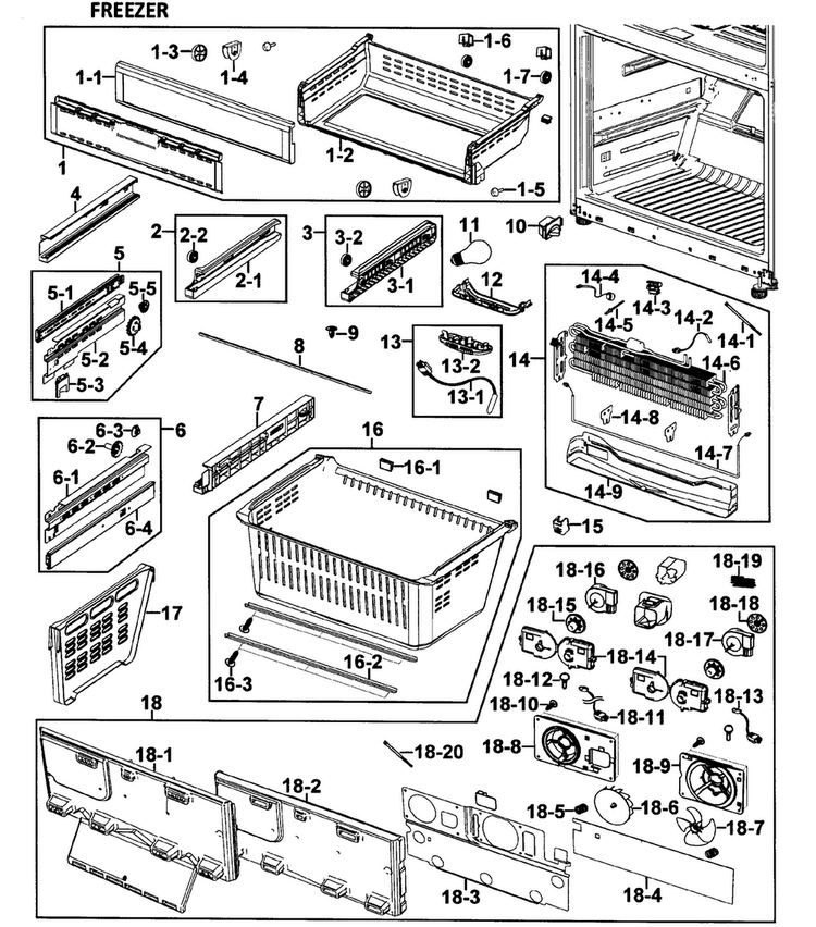 Freezer Diagram and Parts List for RFG295AABP XAA-0000 Samsung Refrigerator