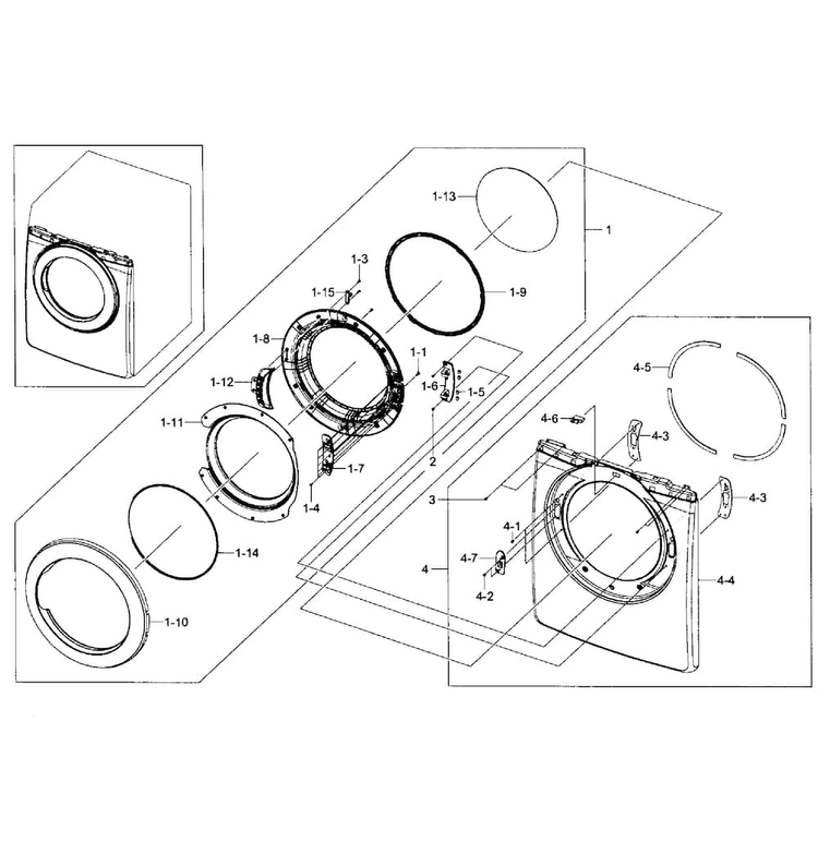 Front/door Assy Diagram and Parts List for DV361GWBEWR A3-0001 Samsung Dryer