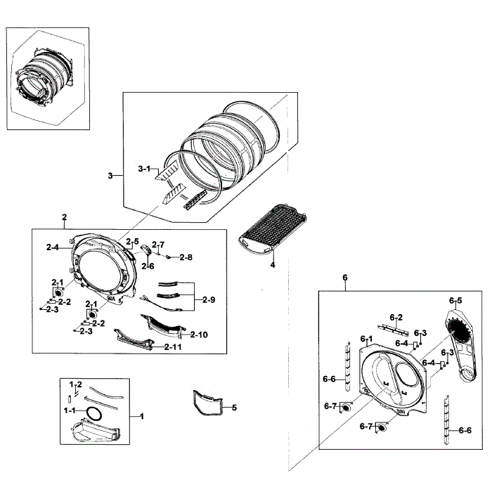 Drum Assembly Diagram and Parts List for DV328AEW XAA-01 Samsung Dryer