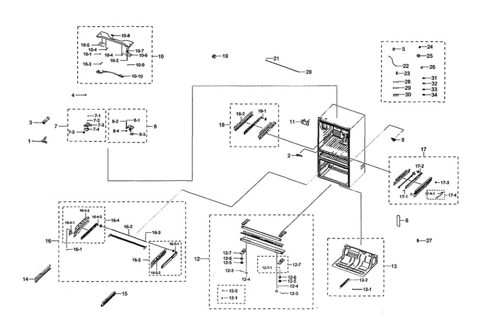 Cabinet 1 Diagram and Parts List for RF28R7351SR AA-00 Samsung Refrigerator