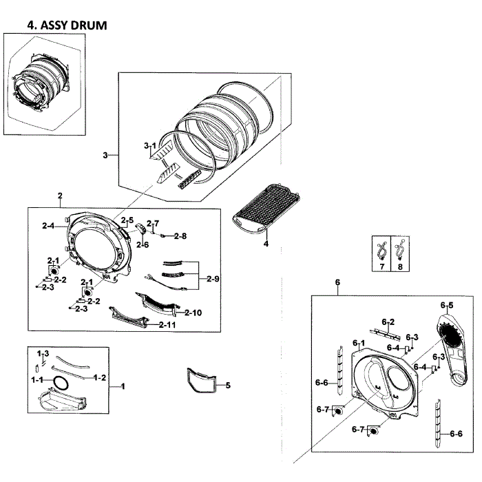 Drum Assembly Diagram and Parts List for DV219AGW XAA-01 Samsung Dryer