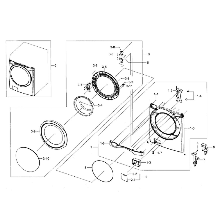 Front Assy Diagram and Parts List for WF457ARGSGR AA-0002 Samsung Washer