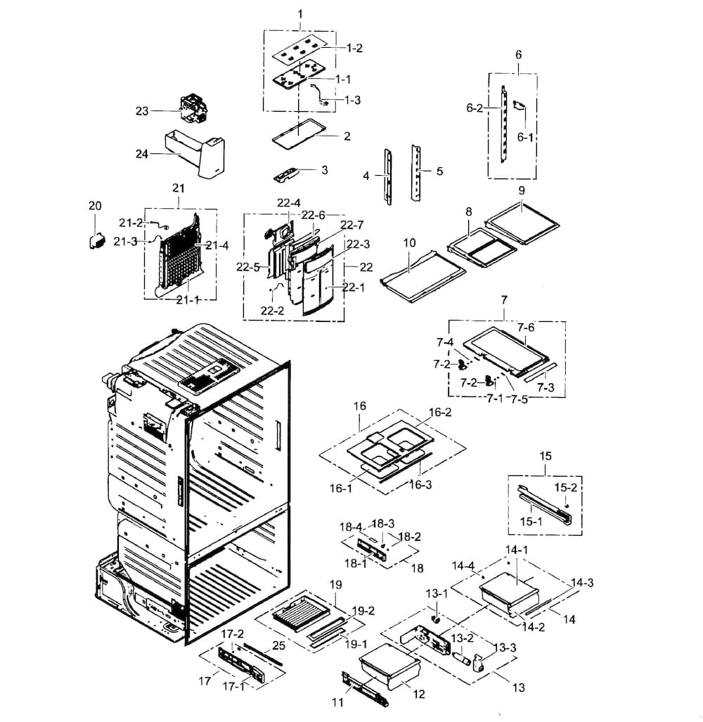 Refrigerator Diagram and Parts List for RF323TEDBSR AA-0001 Samsung Refrigerator