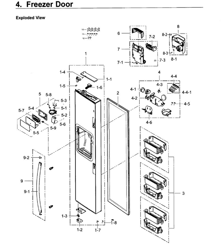 Freezer Door Diagram and Parts List for RS25H5121SR AA-0001 Samsung Refrigerator