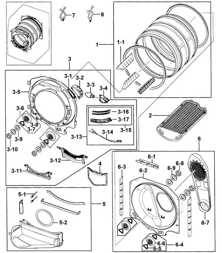 Drum Assy Diagram and Parts List for DV219AEB XAA-0000 Samsung Dryer