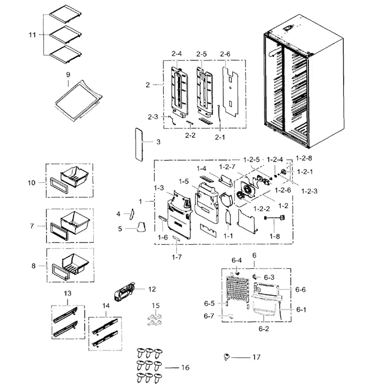 Fridge Diagram and Parts List for RH25H5611BC AA-0001 Samsung Refrigerator