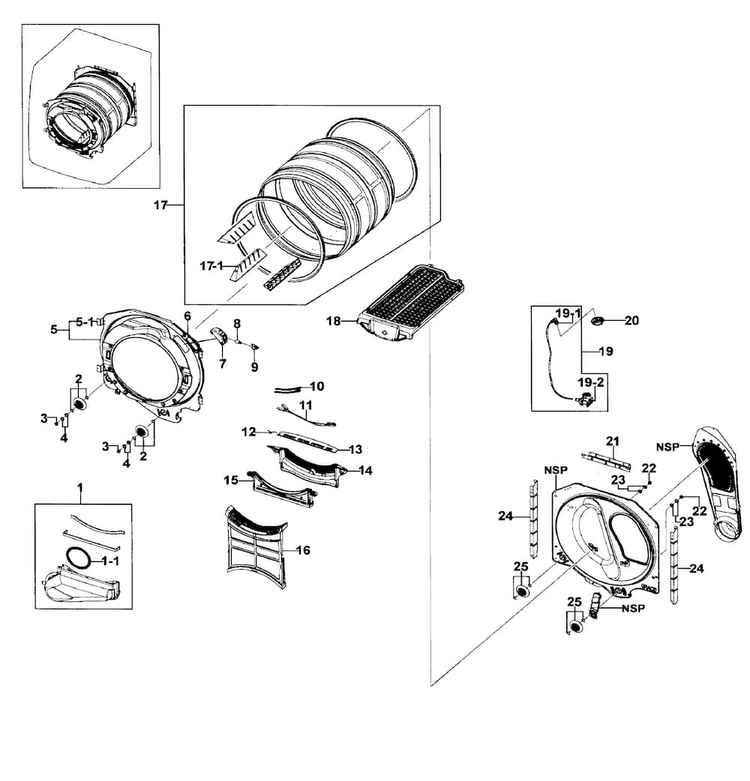 Drum Assy Diagram and Parts List for DV511AER XAA-0000 Samsung Dryer