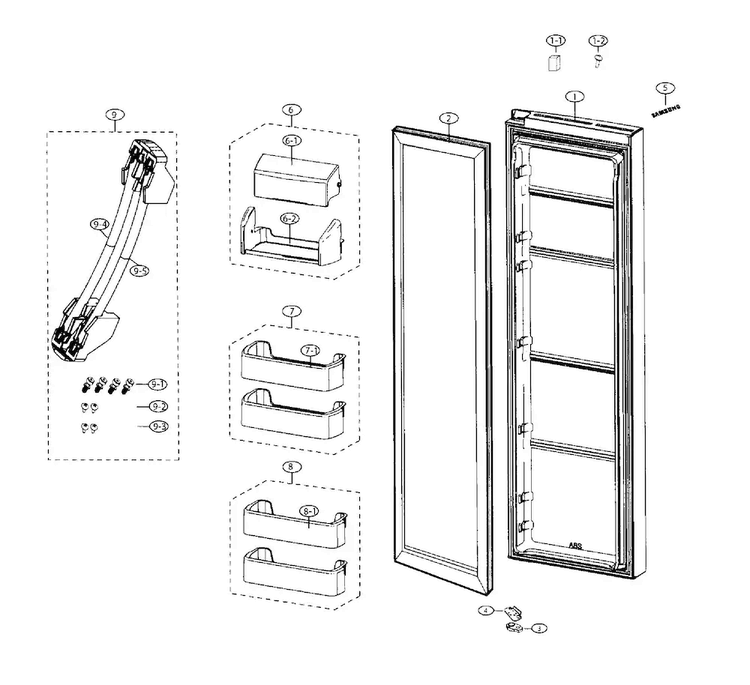Right Door Diagram and Parts List for RS25H5000WW AA-0001 Samsung Refrigerator