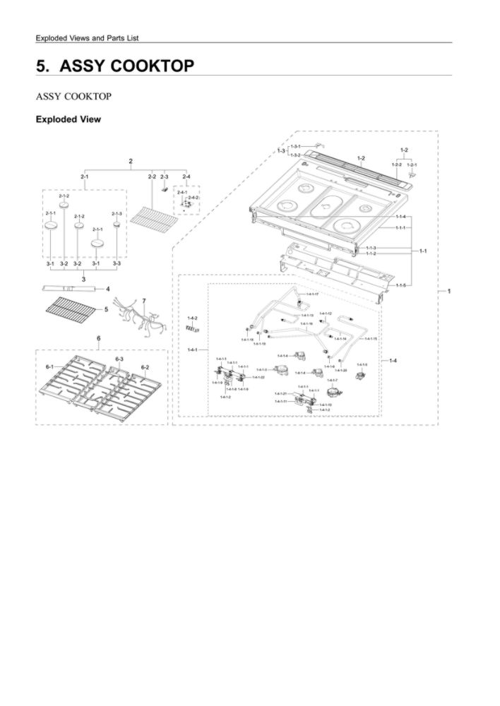 Cooktop Assembly Diagram and Parts List for NX60T8111SS AA-03 Samsung Range
