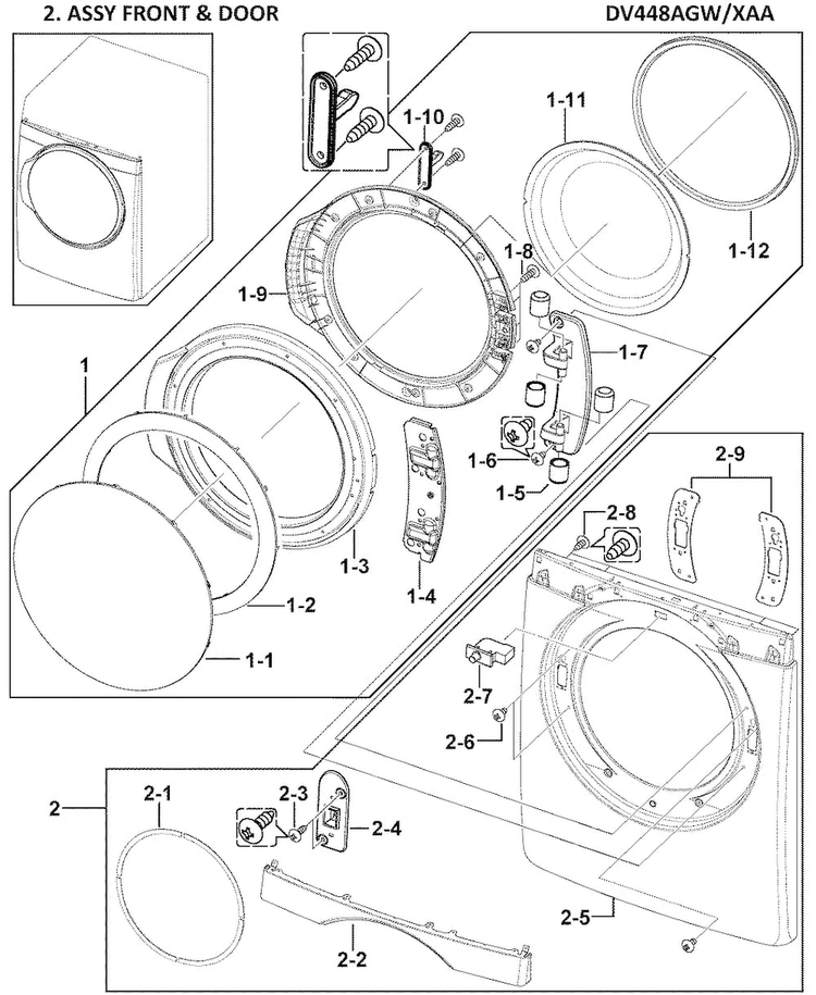 Front Assy Diagram and Parts List for DV448AGW XAA-0000 Samsung Dryer