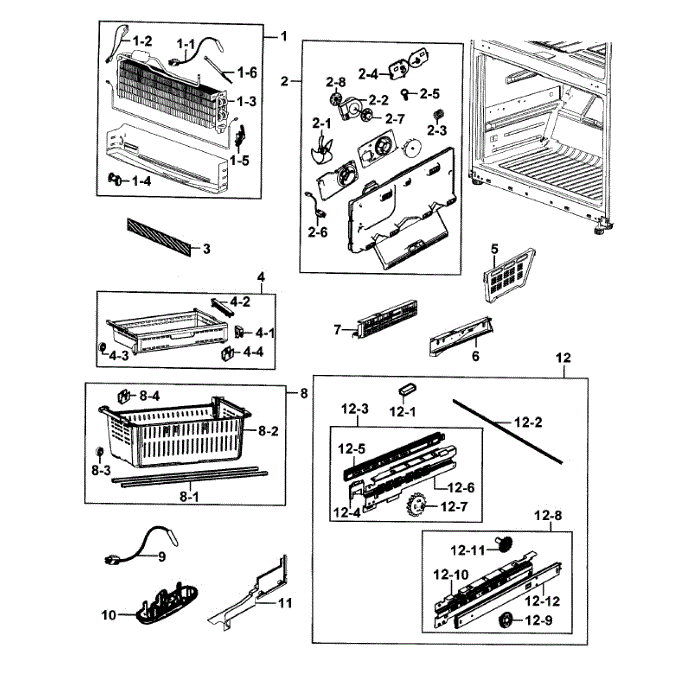 Freezer Diagram and Parts List for RF28HMEDBWW AA-00 Samsung Refrigerator