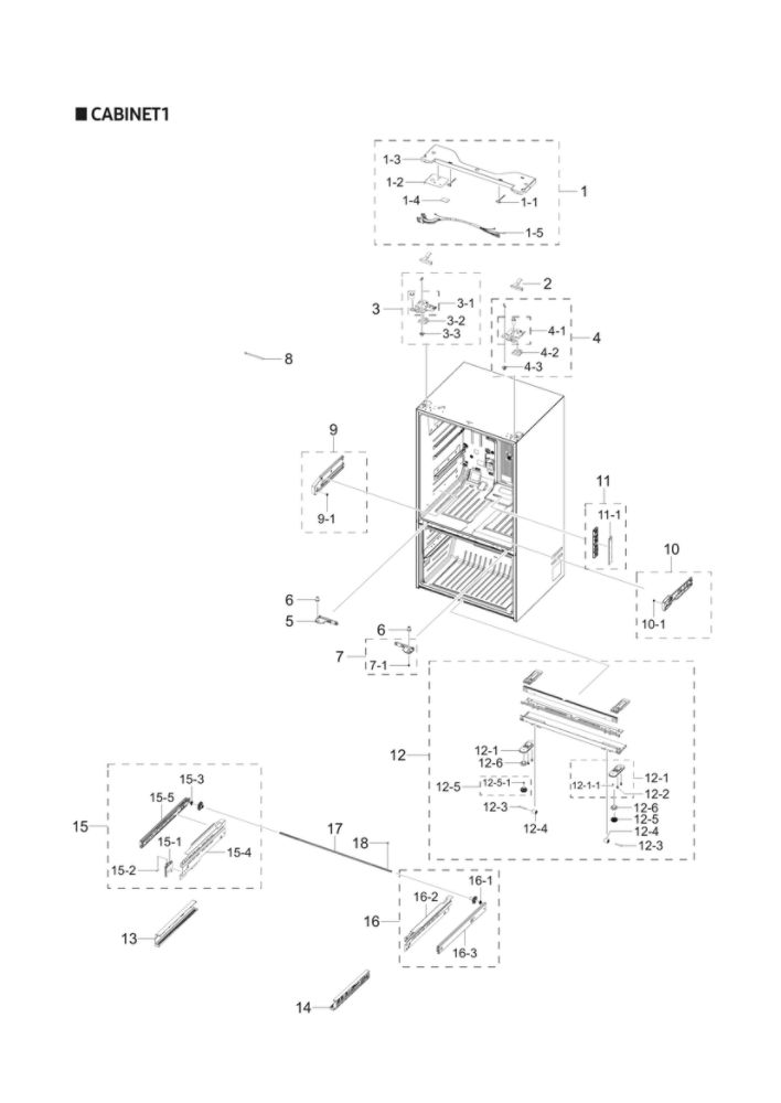 Cabinet 1 Diagram and Parts List for RF27T5241SG AA-00 Samsung Refrigerator