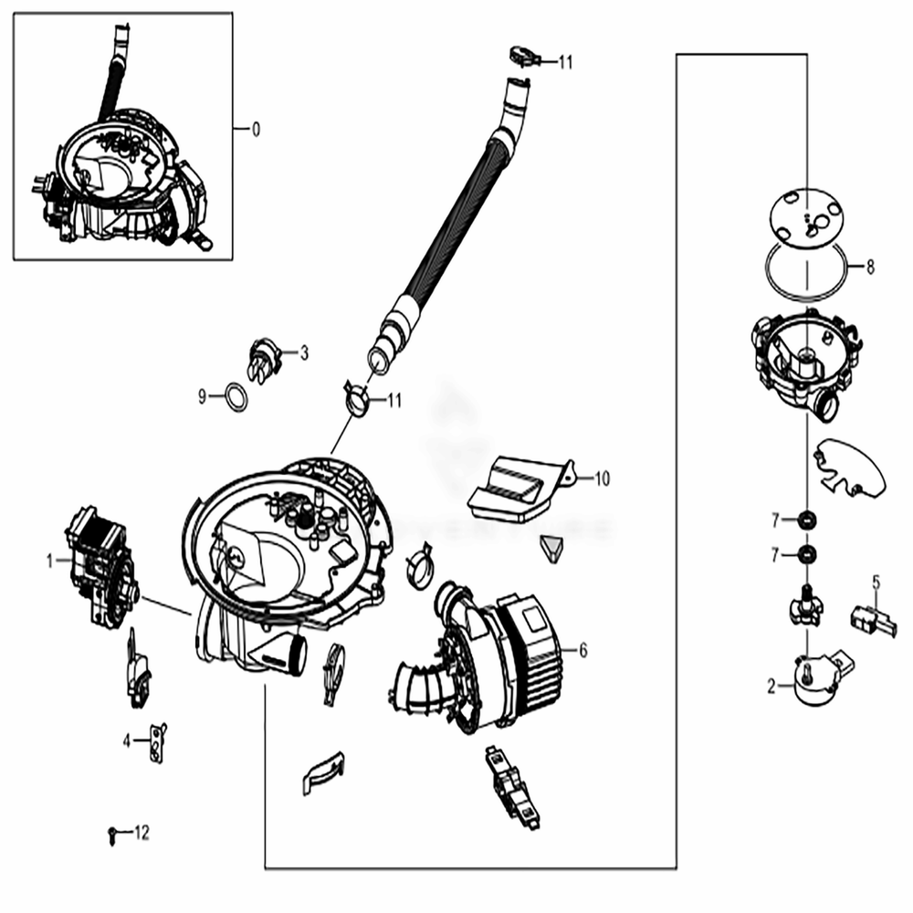 Assembly Sump Diagram and Parts List for DW80K7050US (AA)(0003) Samsung Dishwasher