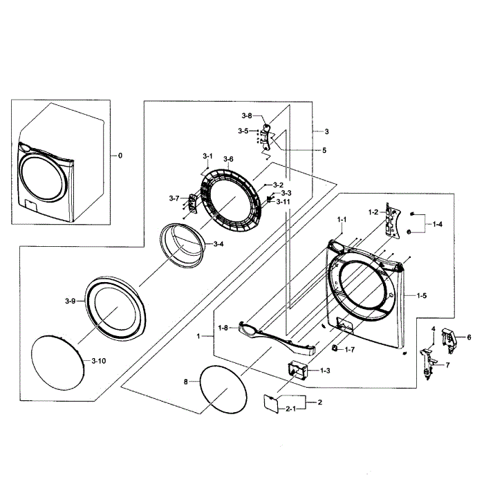 Front Assembly Diagram and Parts List for WF455ARGSWR AA-01 Samsung Washer