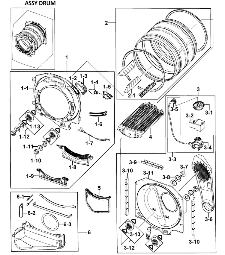 Drum Assy Diagram and Parts List for DV350AER XAA-0000 Samsung Dryer