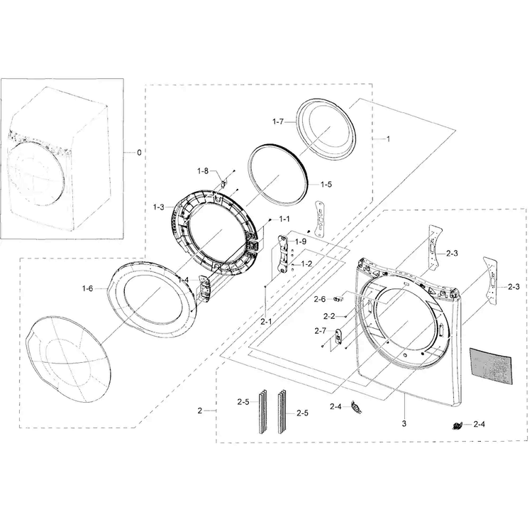 Frame Front & Door Diagram and Parts List for DV50K7500EV A3-0000 Samsung Dryer