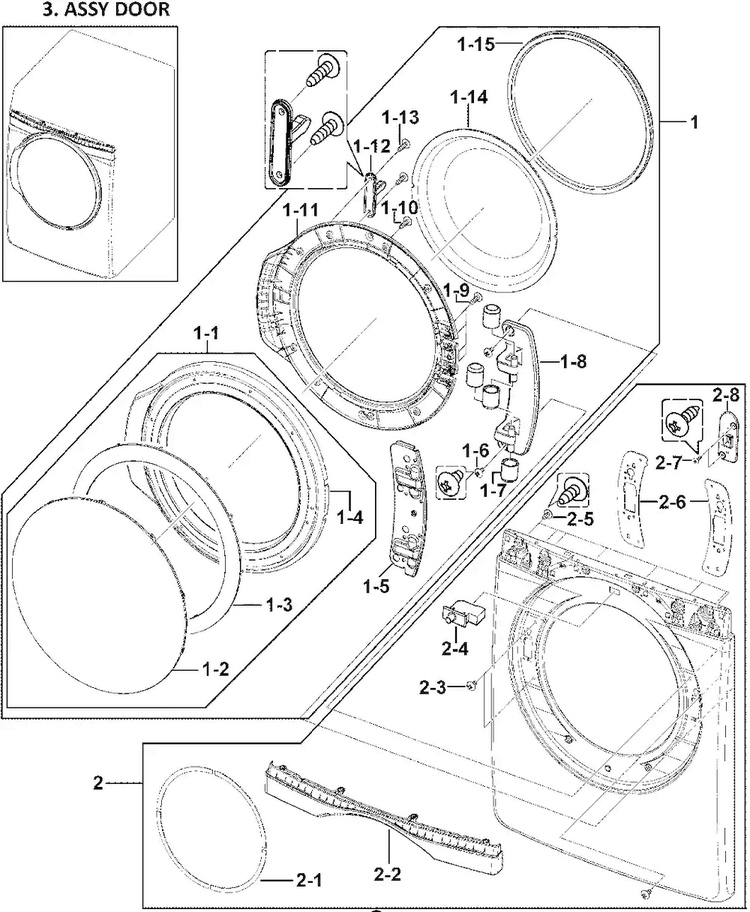 Front Assy Diagram and Parts List for DV409AEW XAA-0000 Samsung Dryer