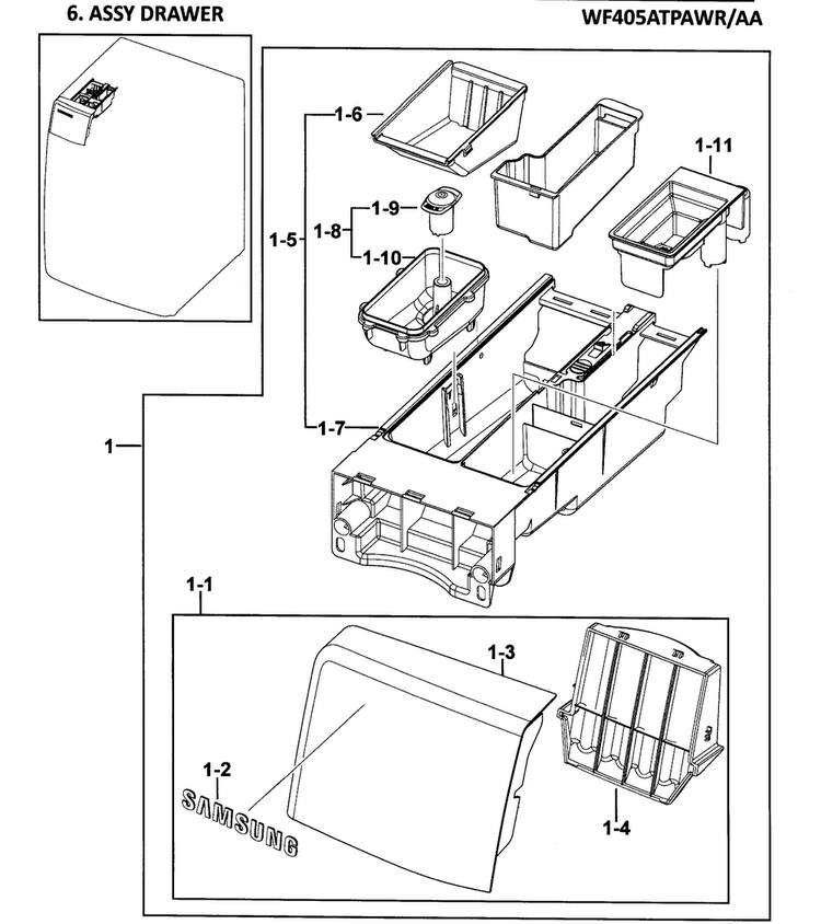 Drawer Assy Diagram and Parts List for WF405ATPAWR AA-0000 Samsung Washer