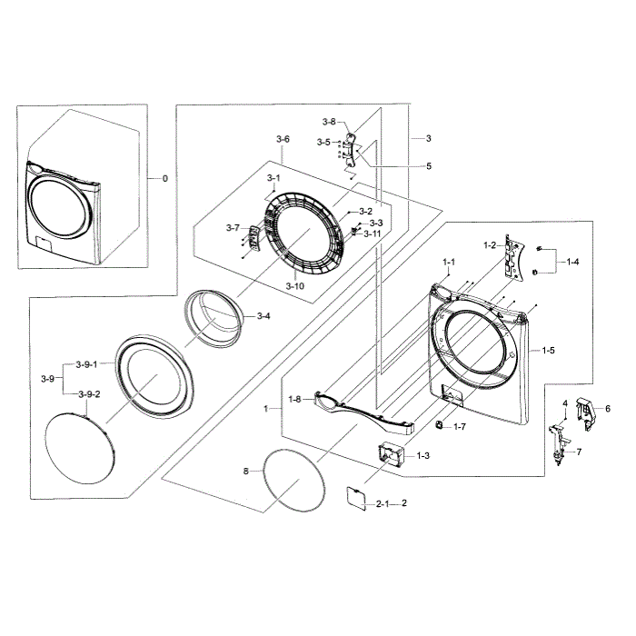 Frame Front And Door Diagram and Parts List for WF457ARGSWR A2-00 Samsung Washer
