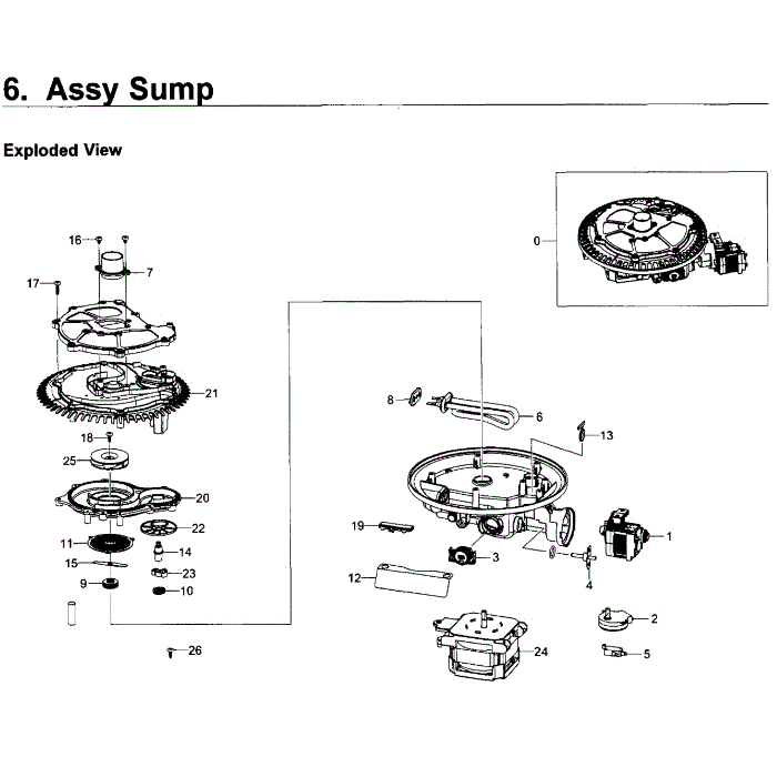 Sump Diagram and Parts List for DW80K5050UW AA-00 Samsung Dishwasher