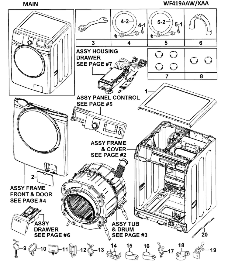 Main Assy Diagram and Parts List for WF419AAW XAA-0000 Samsung Washer