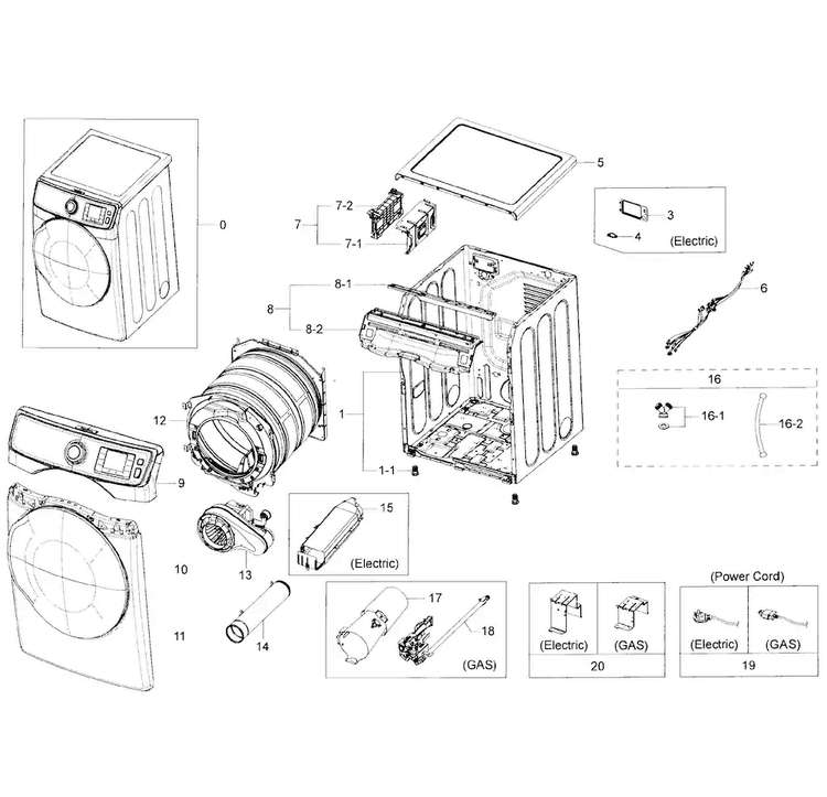 Main Asy Diagram and Parts List for DV50K7500EV A3-0000 Samsung Dryer