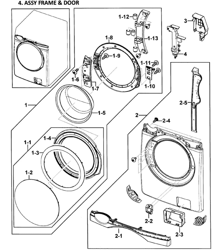 Door Assy Diagram and Parts List for WF419AAU XAA-0000 Samsung Washer