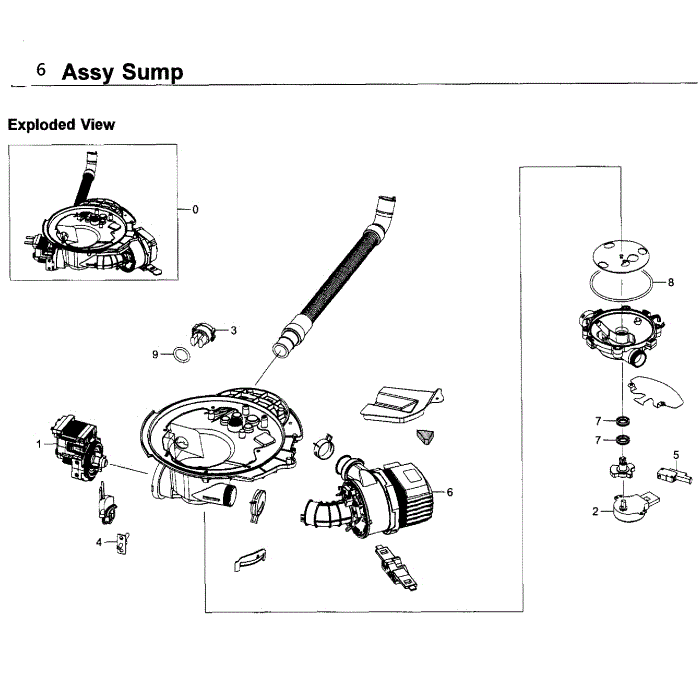 Sump Diagram and Parts List for DW80K7050US AA-00 Samsung Dishwasher