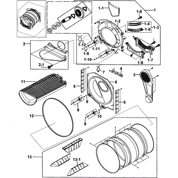 Drum Assembly Diagram and Parts List for DV317AGW XAA-00 Samsung Dryer