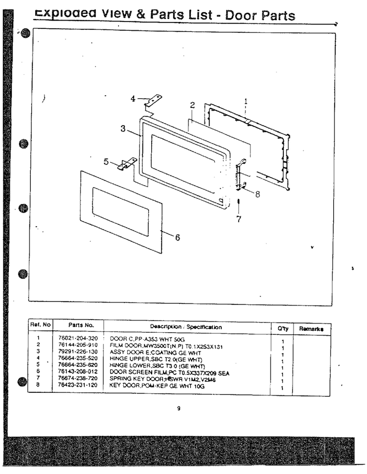 Door Parts Diagram and Parts List for MW3530W XAA Samsung Microwave