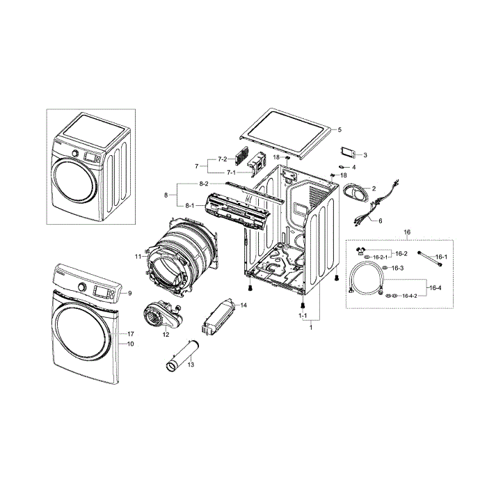 Main Assembly Diagram and Parts List for DV511AEW XAA-02 Samsung Dryer
