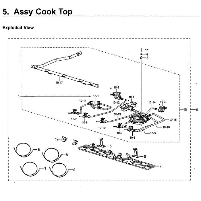 Cooktop Diagram and Parts List for NX58M6650WG AA-00 Samsung Range