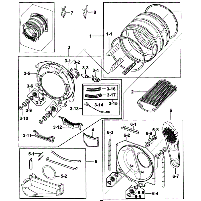 Drum Assembly Diagram and Parts List for DV218AGW XAA-00 Samsung Dryer