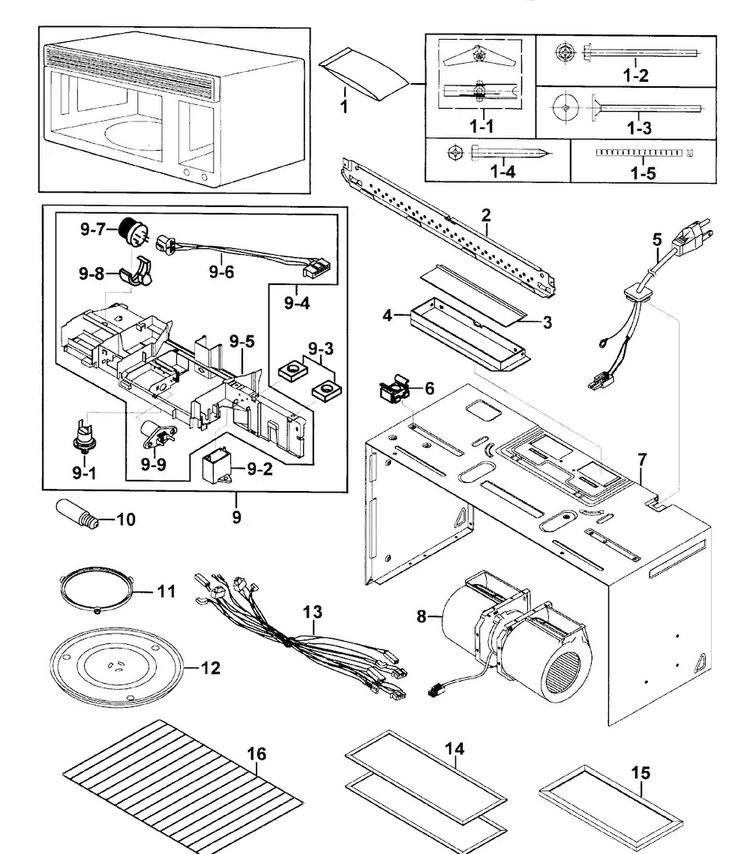 Cabinet 1 Assy Diagram and Parts List for SMH7185STG XAA Samsung Microwave