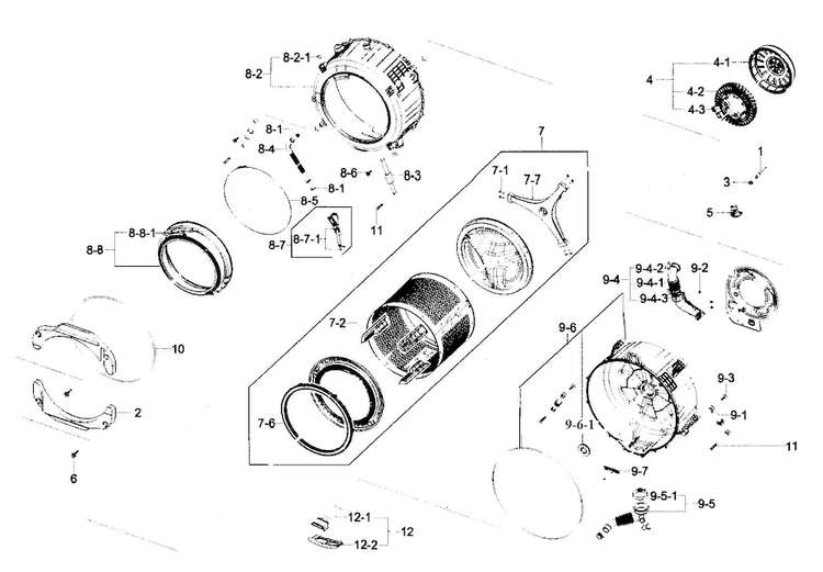 Drum Assy Diagram and Parts List for WF231ANW XAA-0001 Samsung Washer