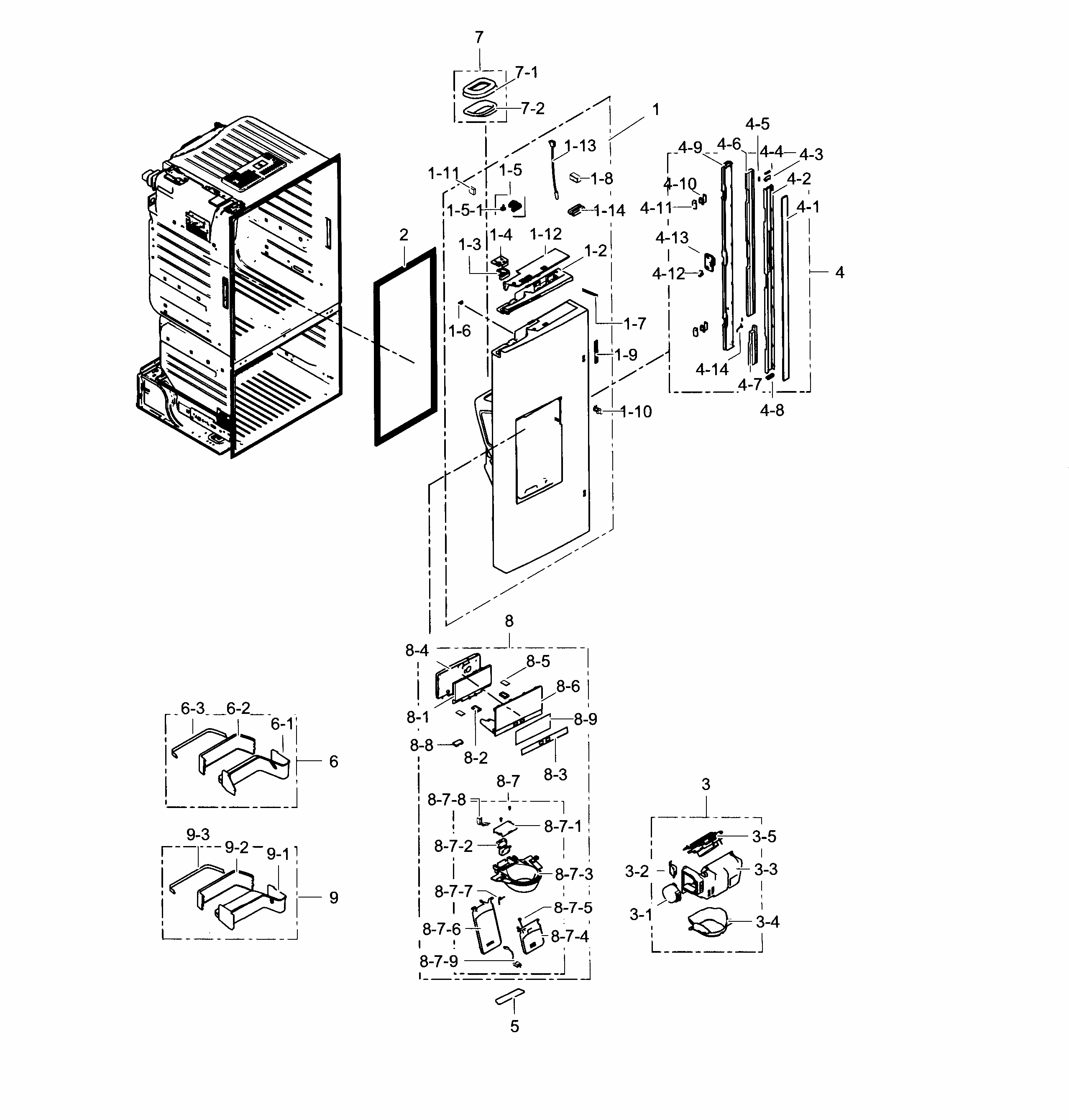 Fridge Door L Diagram and Parts List for RF323TEDBBC AA-0004 Samsung Refrigerator
