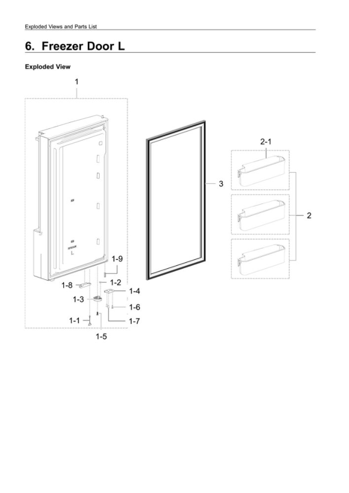 Left Freezer Door Assembly Diagram and Parts List for RF22K9381SR AA-02 Samsung Refrigerator