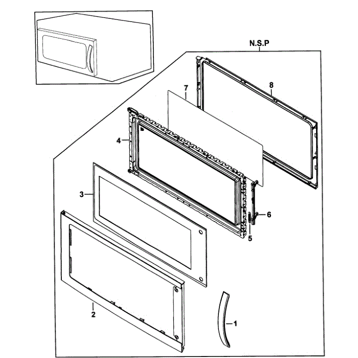 Door Assembly Diagram and Parts List for SMH9151W XAA-00 Samsung Microwave Oven Combo