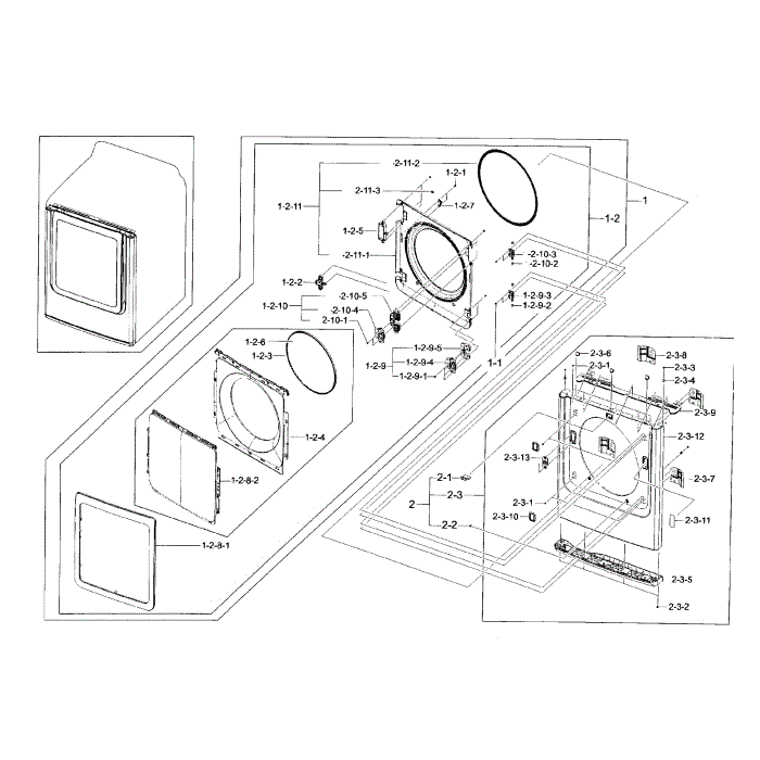 Frame Front And Door Diagram and Parts List for DV56H9000EW A2-00 Samsung Dryer