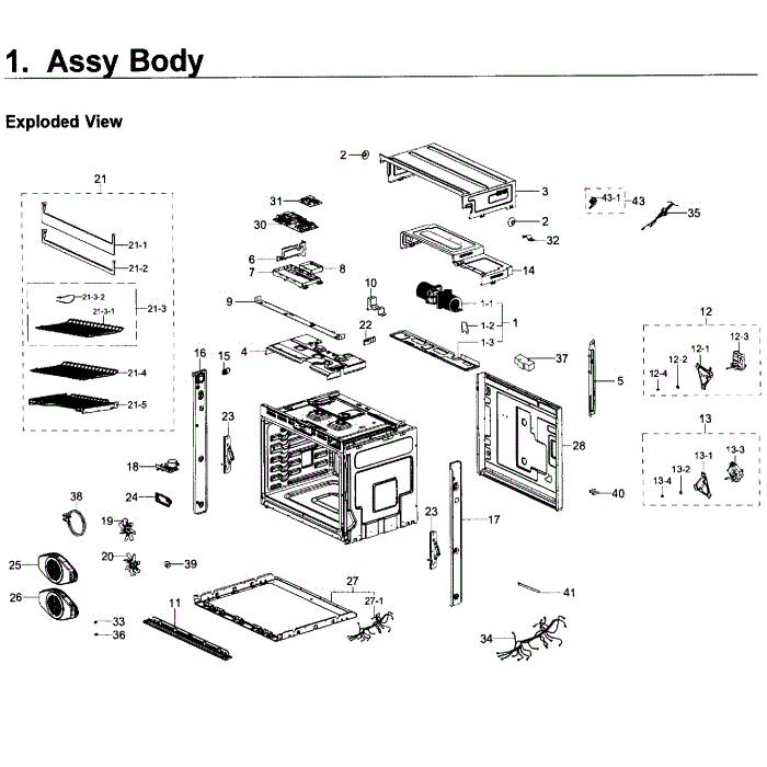 Body Diagram and Parts List for NV51K7770SS AA-00 Samsung Wall Oven