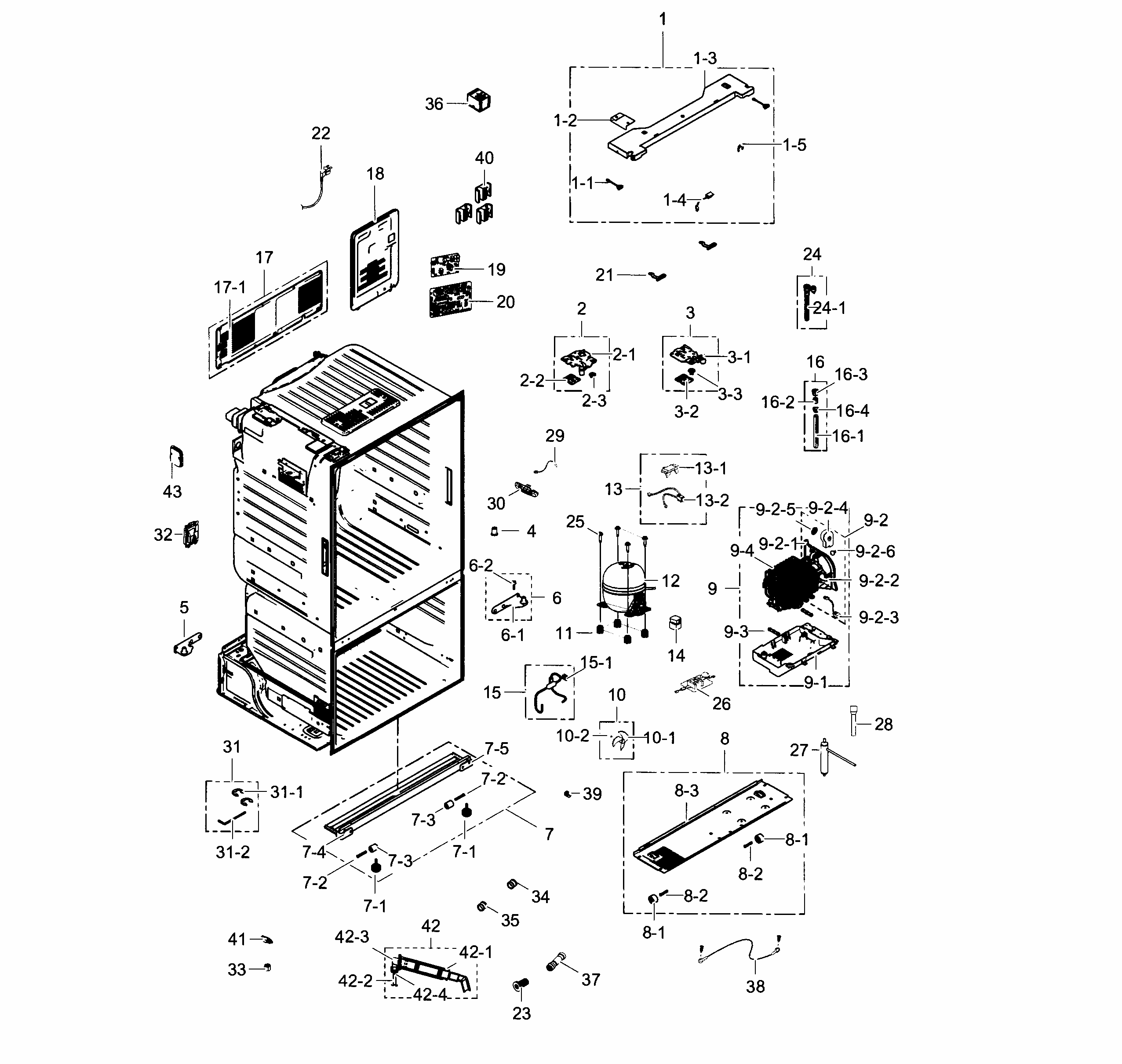Cabinet Diagram and Parts List for RF263TEAEBC AA-0001 Samsung Refrigerator