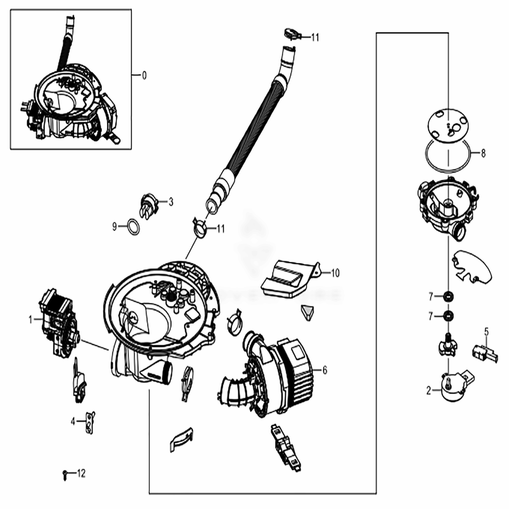 Assembly Sump Diagram and Parts List for DW80K7050UG (AA)(0002) Samsung Dishwasher