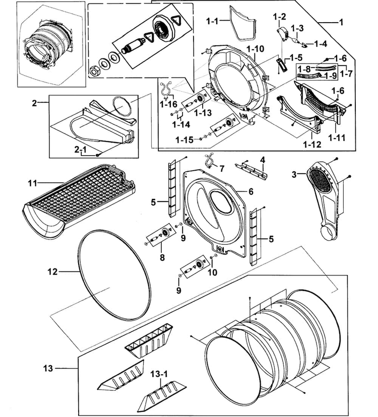 Drum Assy Diagram and Parts List for DV316LEW XAA-0000 Samsung Dryer