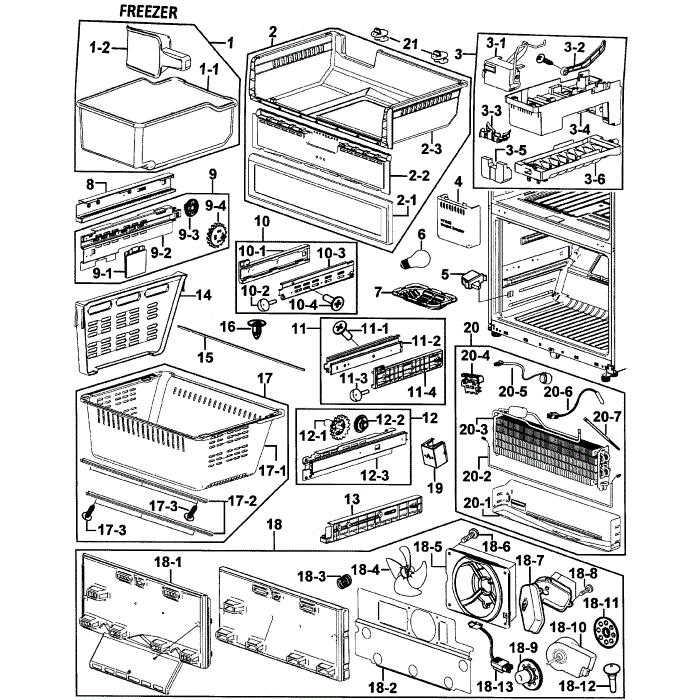 Freezer Diagram and Parts List for RF265AABP XAA-0000 Samsung Refrigerator