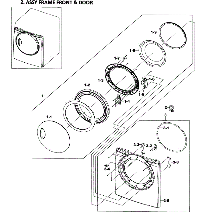 Front / Door Assembly Diagram and Parts List for DV218AEB XAA-01 Samsung Dryer