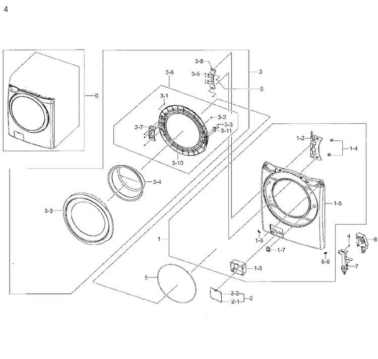 Frame Front & Door Diagram and Parts List for WF42H5200AP A2-0001 Samsung Washer