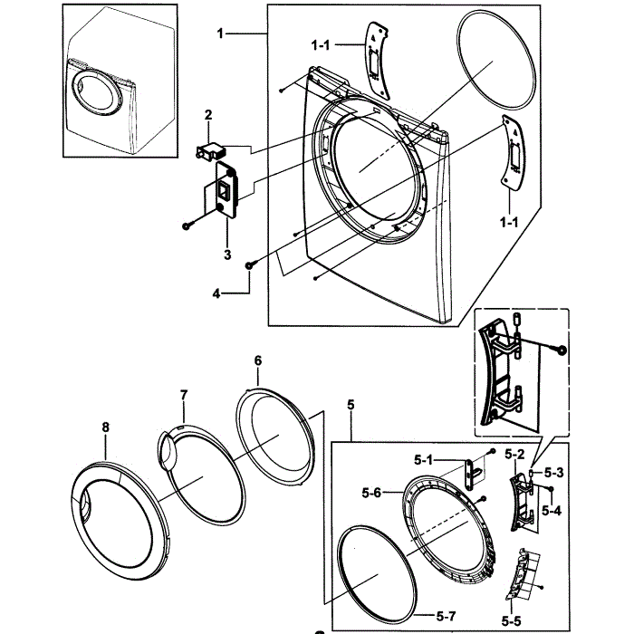 Door Assembly Diagram and Parts List for DV2C6BGW XAA-00 Samsung Dryer