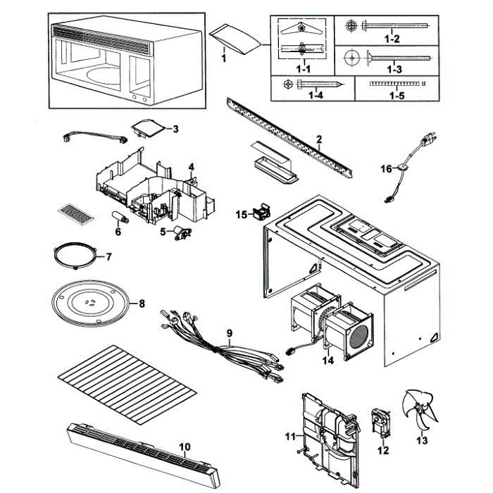 Cabinet 1 Diagram and Parts List for SMH9151BE XAA-00 Samsung Microwave Oven Combo