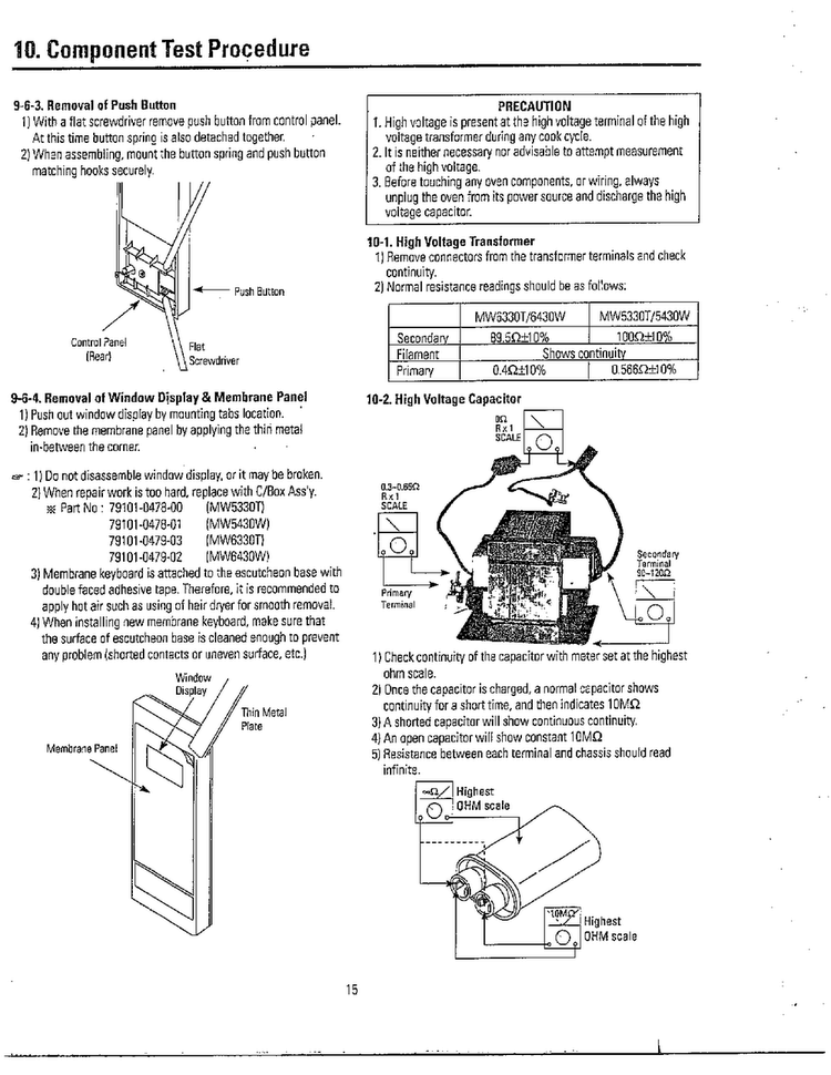 Component Test Procedure Diagram and Parts List for MW5330T XAA Samsung Microwave
